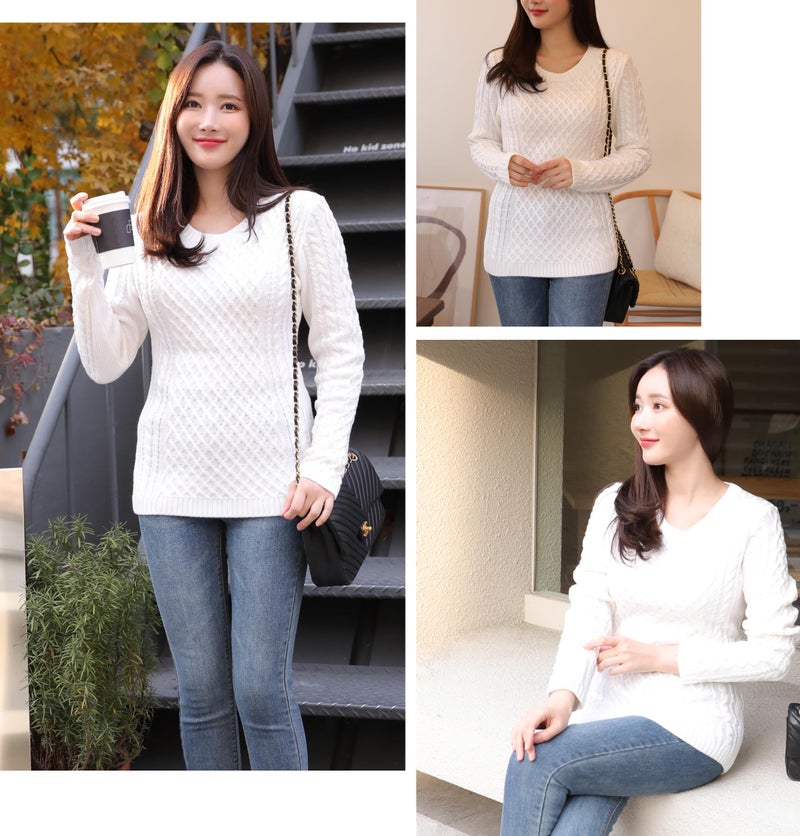 v28 Women Crew Neck Korea Knit Stretchable Elasticity Long Sleeve Sweater Jumper (L, Off White) - Image 4